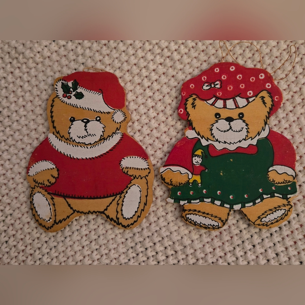 VTG Wooden Christmas Ornaments Hand‎ Painted Flat Double-Sided Bears Folk Art